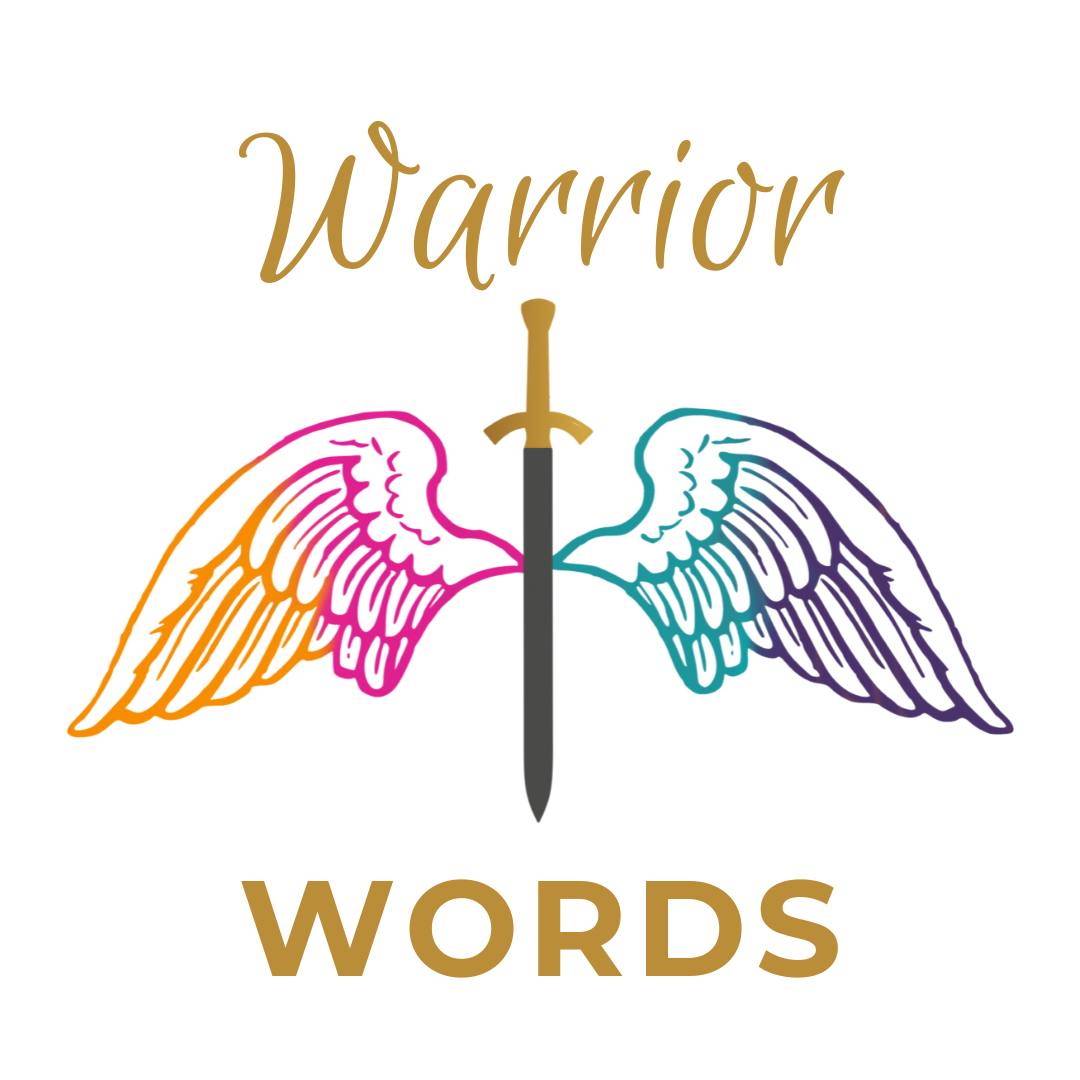 Warrior Words logo. There is a simple sword with a silver blade and gold hilt. On the left side, there is a wind with orange and pink colors. On the right, there is a wing with aqua and purple colors. The word Warrior is on the top of the logo and the word Words is underneath the logo.